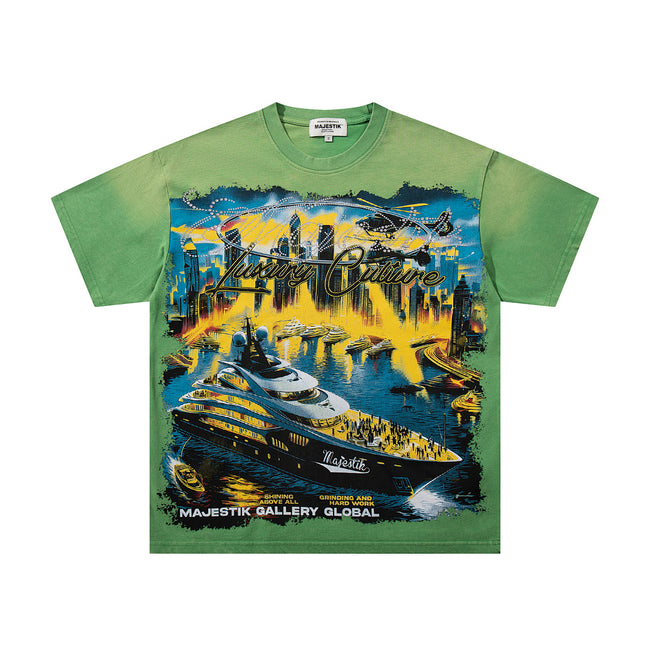 MAJESTIK Cyber Yacht World Tour Graphic T-Shirt Unisex Acid Wash Green Y2K Futuristic Skyline Oversized Streetwear Short Sleeve Top Main Image