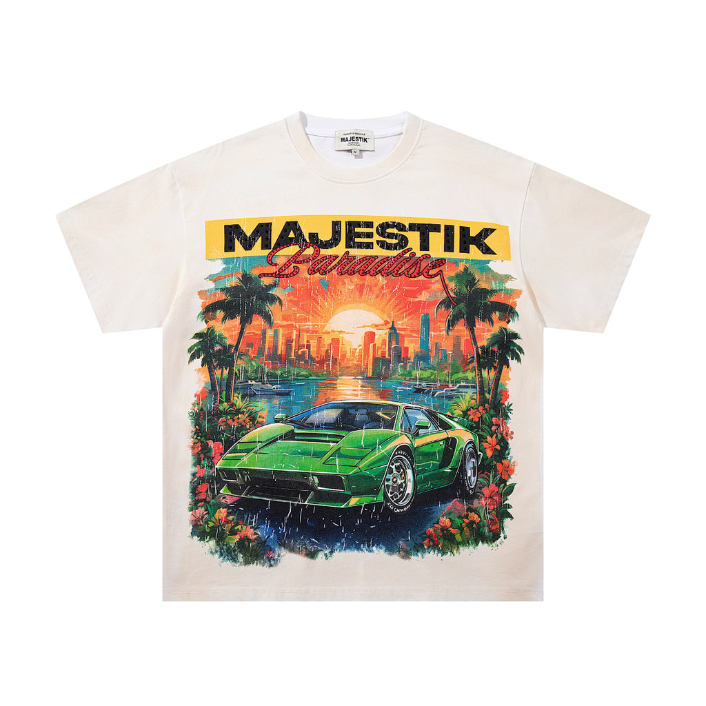 MAJESTIK Paradise Supercar Graphic T-Shirt Unisex Cream Off-White Y2K Retro Sunset Palm Tree Oversized Streetwear Short Sleeve Top