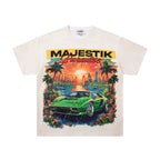 MAJESTIK Paradise Supercar Graphic T-Shirt Unisex Cream Off-White Y2K Retro Sunset Palm Tree Oversized Streetwear Short Sleeve Top