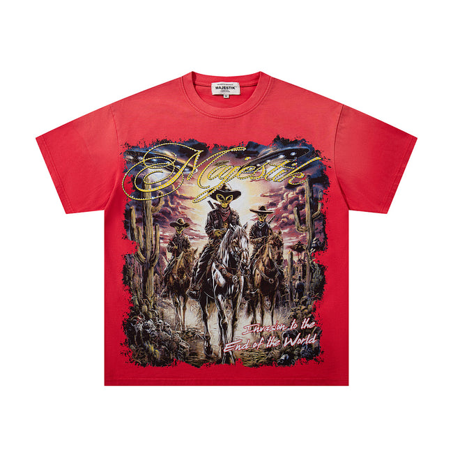 MAJESTIK Western Cowboy Horse Rider Graphic T-Shirt Unisex Red Y2K Vintage Desert Sunset Oversized Streetwear Short Sleeve Top Main Image