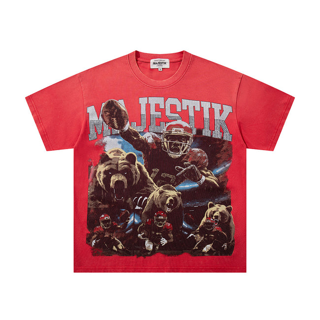 MAJESTIK Football Grizzly World Tour Graphic T-Shirt Unisex Red Y2K Live Free Or Die Hard Oversized Streetwear Short Sleeve Top Main Image