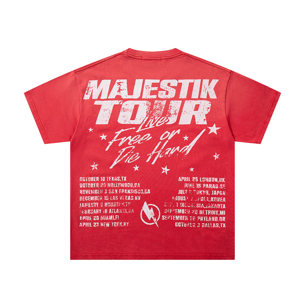 MAJESTIK Football Grizzly World Tour Graphic T-Shirt Unisex Red Y2K Live Free Or Die Hard Oversized Streetwear Short Sleeve Top