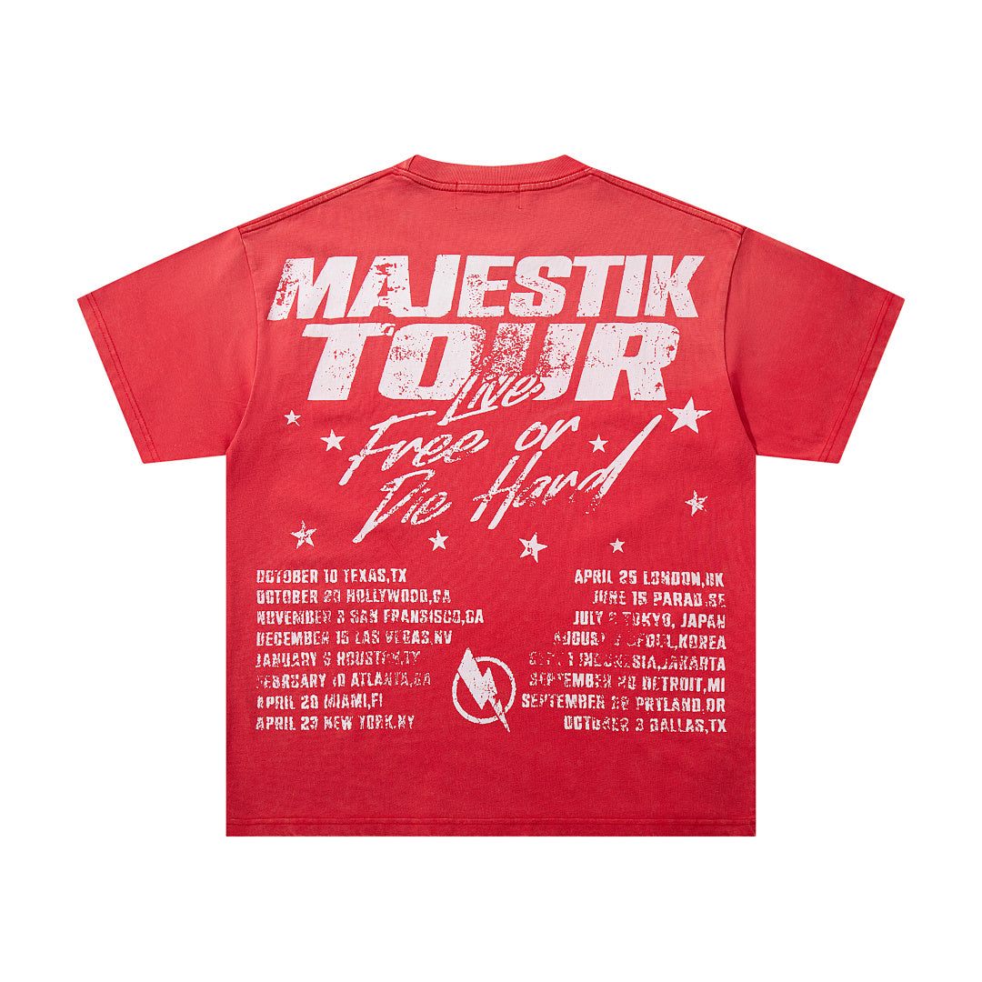 MAJESTIK Football Grizzly World Tour Graphic T-Shirt Unisex Red Y2K Live Free Or Die Hard Oversized Streetwear Short Sleeve Top
