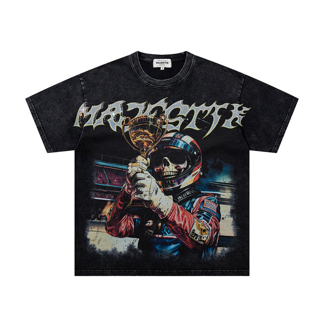 MAJESTIK Racing Champion Trophy Graphic T-Shirt Unisex Acid Wash Black Y2K Motorsport Oversized Streetwear Short Sleeve Top Main Image