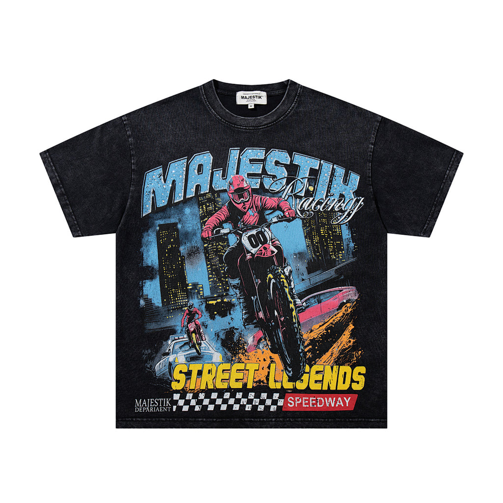MAJESTIK Street Legends Motocross Graphic T-Shirt Unisex Acid Wash Black Y2K Racing Speedway Oversized Streetwear Short Sleeve Top