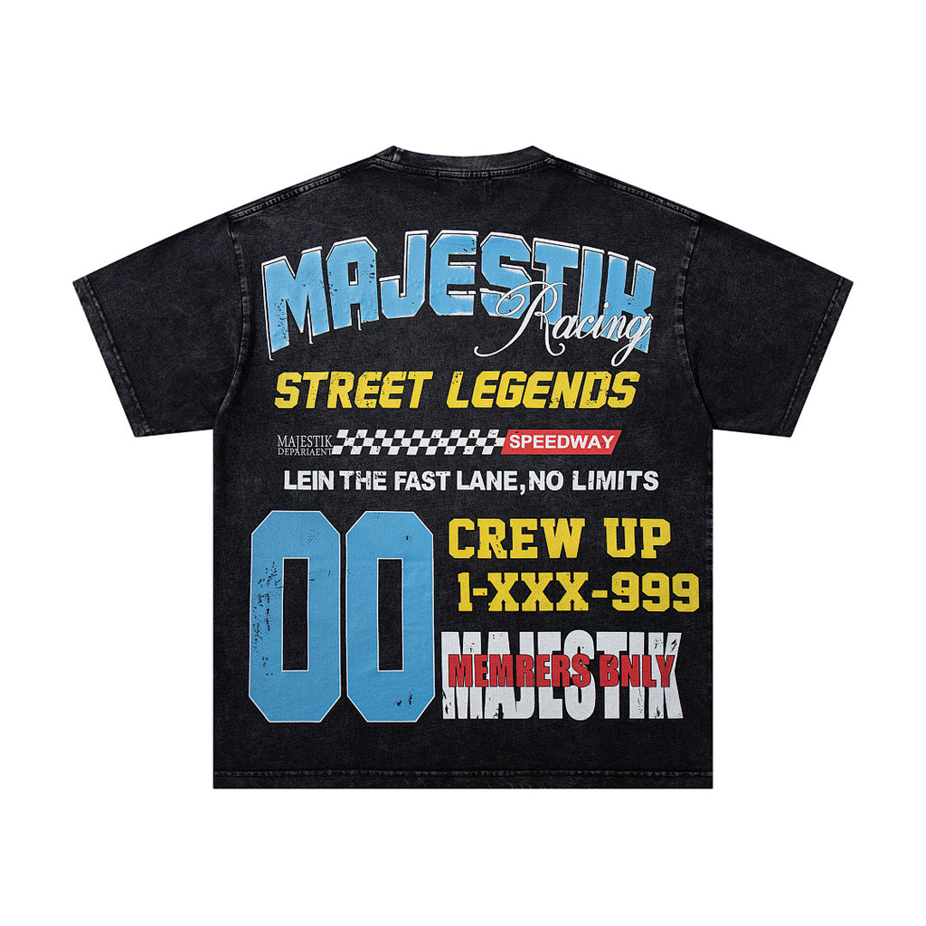 MAJESTIK Street Legends Motocross Graphic T-Shirt Unisex Acid Wash Black Y2K Racing Speedway Oversized Streetwear Short Sleeve Top