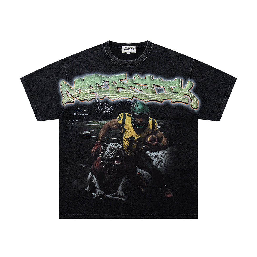 MAJESTIK Football Player Graphic T-Shirt Unisex Acid Wash Black Y2K Athletic Sports Oversized Streetwear Short Sleeve Top