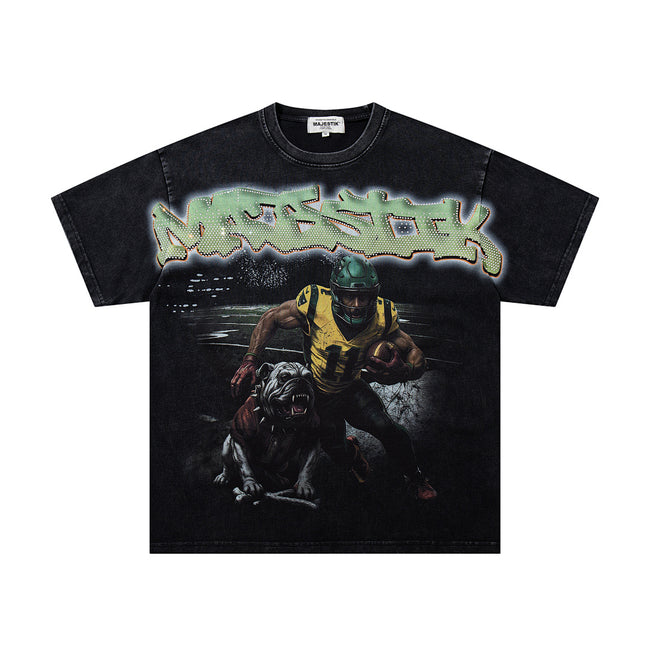 MAJESTIK Football Player Graphic T-Shirt Unisex Acid Wash Black Y2K Athletic Sports Oversized Streetwear Short Sleeve Top Main Image