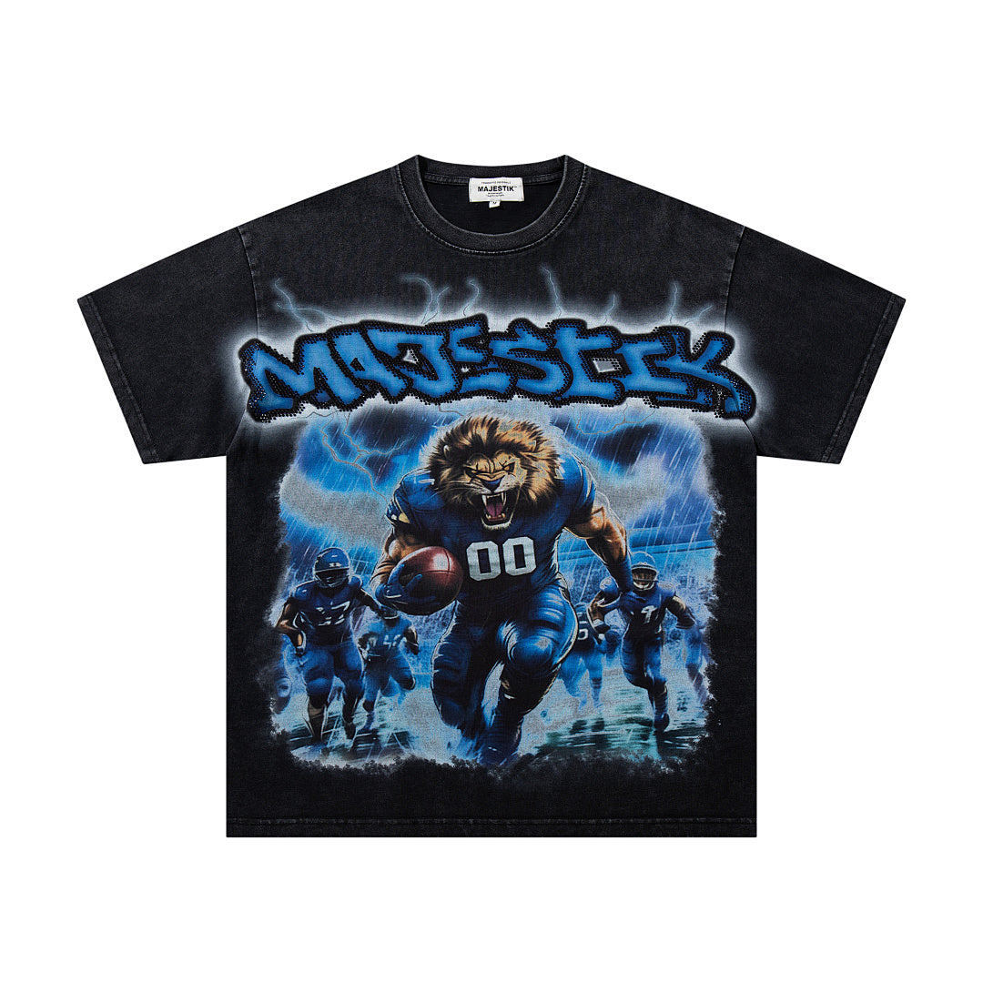 MAJESTIK Lion Football Player Graphic T-Shirt Unisex Acid Wash Black Y2K Graffiti Athletic Oversized Streetwear Short Sleeve Top