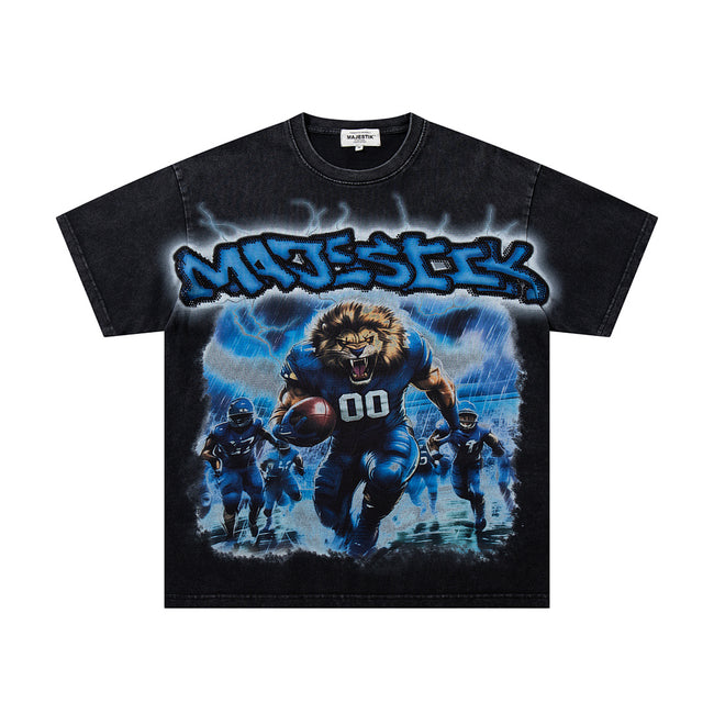 MAJESTIK Lion Football Player Graphic T-Shirt Unisex Acid Wash Black Y2K Graffiti Athletic Oversized Streetwear Short Sleeve Top Main Image