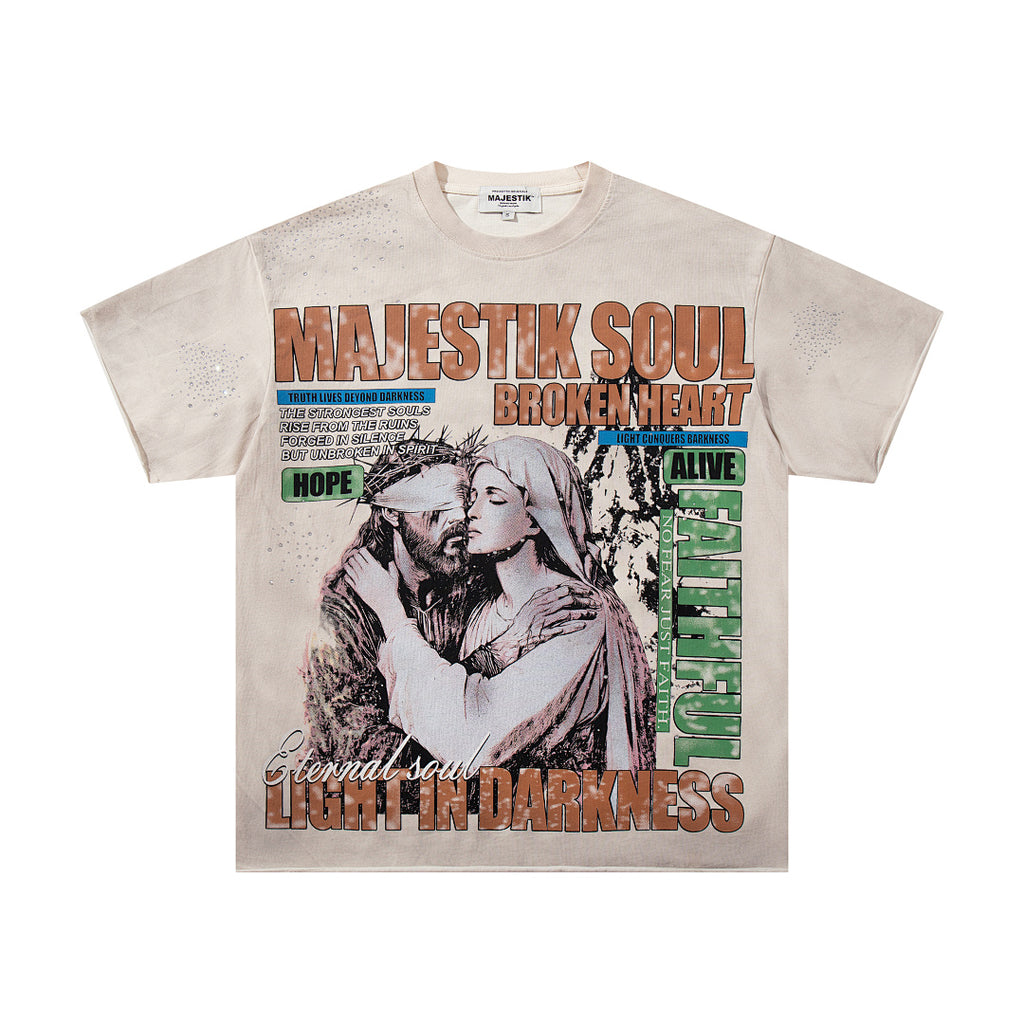 MAJESTIK Light In Darkness Angel Graphic T-Shirt Unisex Washed Sand Y2K Renaissance Sculpture Oversized Streetwear Short Sleeve Top
