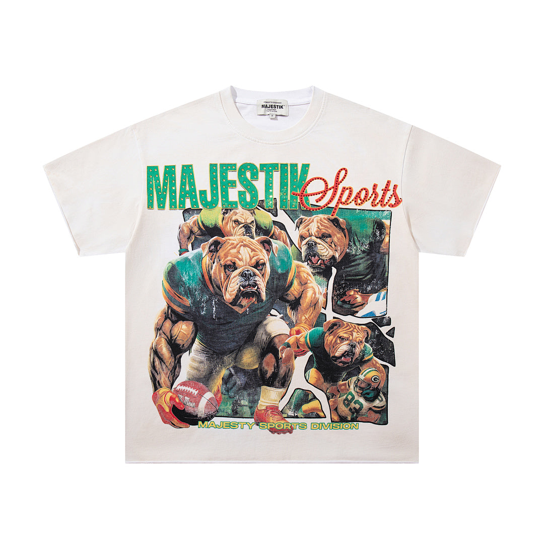 MAJESTIK Bulldog Football Graphic T-Shirt Unisex Cream Off-White Y2K Retro Sports 00 Varsity Oversized Streetwear Short Sleeve Top