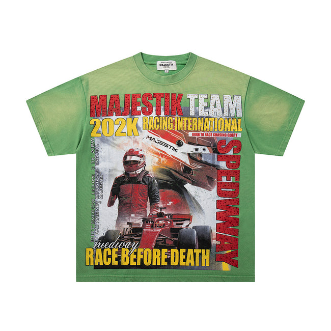 MAJESTIK F1 Racing Speedway Graphic T-Shirt Unisex Acid Wash Olive Green Y2K Motorsport Oversized Streetwear Short Sleeve Top Main Image