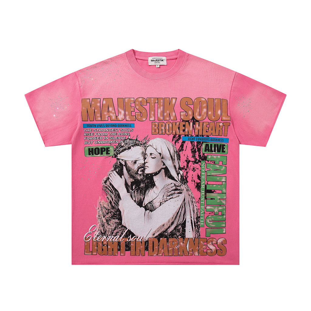 MAJESTIK Light In Darkness Angel Graphic T-Shirt Unisex Hot Pink Acid Wash Y2K Renaissance Sculpture Oversized Streetwear Short Sleeve Top