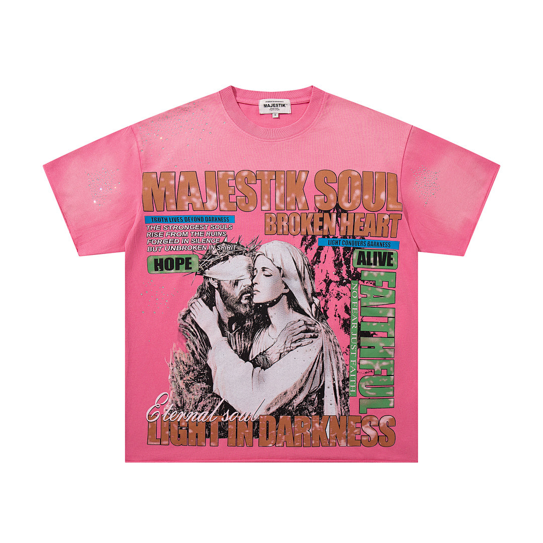 MAJESTIK Light In Darkness Angel Graphic T-Shirt Unisex Hot Pink Acid Wash Y2K Renaissance Sculpture Oversized Streetwear Short Sleeve Top