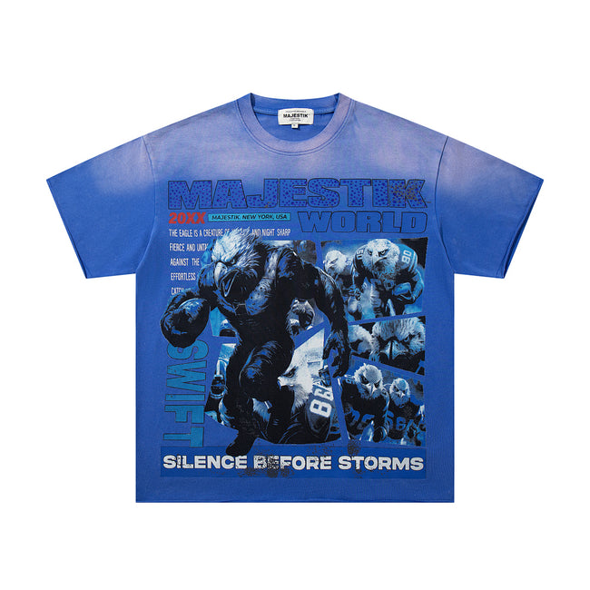 MAJESTIK Silence Before Storms Graphic T-Shirt Unisex Acid Wash Royal Blue Y2K Sports World Oversized Streetwear Short Sleeve Top Main Image