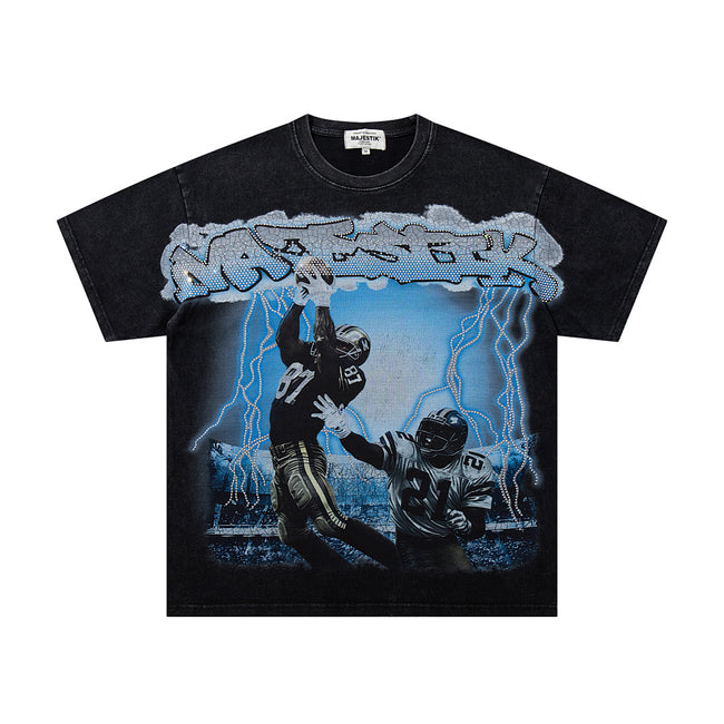 MAJESTIK Electric Lightning Football Player Graphic T-Shirt Unisex Acid Wash Black Y2K Cyber Athletic Oversized Streetwear Short Sleeve Top Main Image