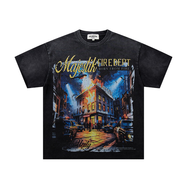 MAJESTIK City Heist Graphic T-Shirt Unisex Acid Wash Black Y2K Vintage Cinematic Noir Oversized Streetwear Short Sleeve Top Main Image