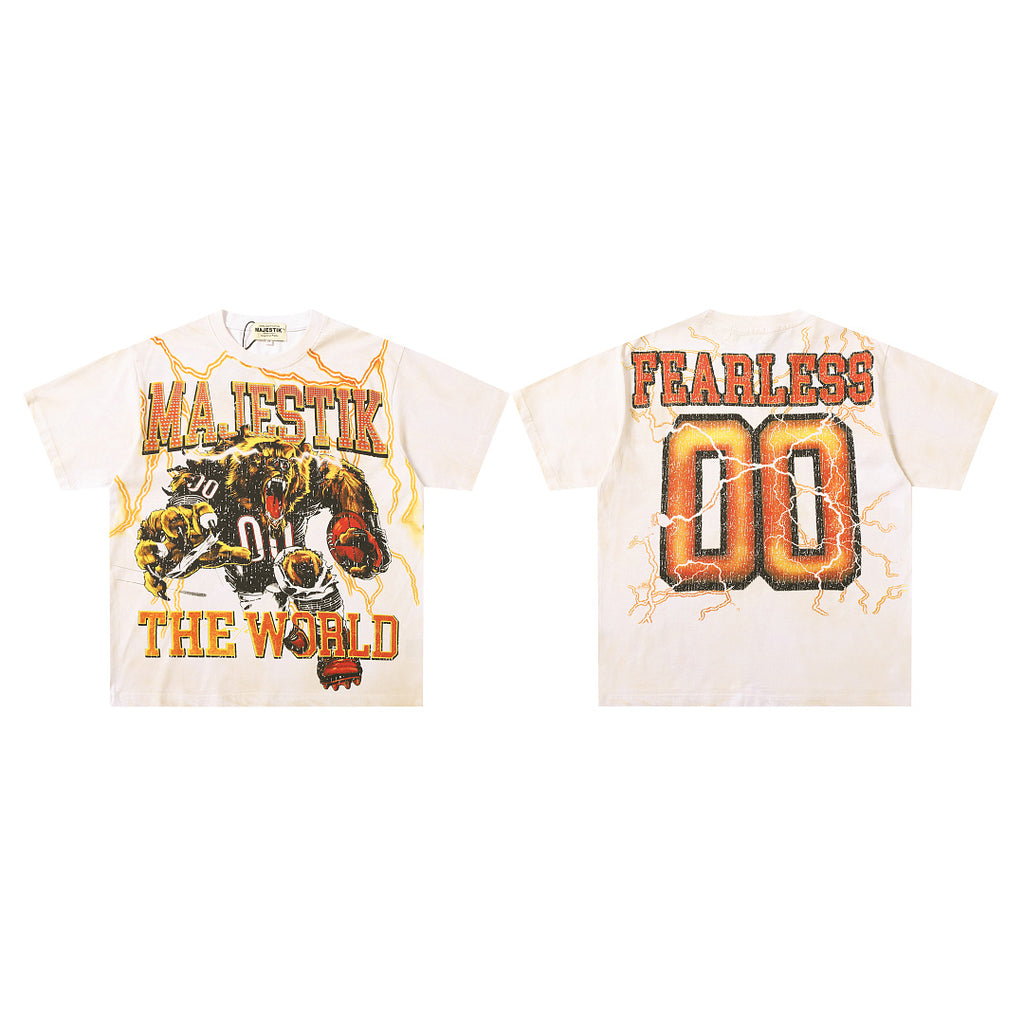 MAJESTIK Fearless 00 Gorilla Graphic T-Shirt Unisex Cream Off-White Y2K Streetwear Lightning Wash Short Sleeve Top