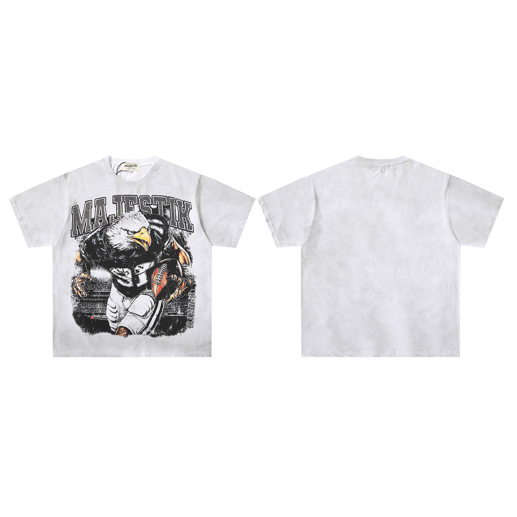 MAJESTIK Eagle Football Mascot Graphic T-Shirt Unisex Washed Gray Y2K Sports Merch Oversized Streetwear Short Sleeve Top