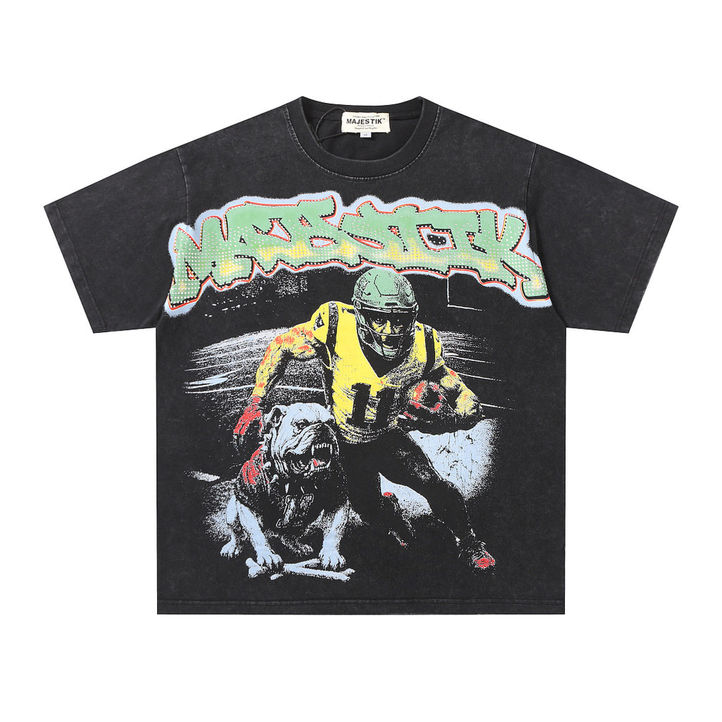 MAJESTIK Football Player Graphic T-Shirt Unisex Washed Black Y2K Sports Gothic Oversized Streetwear Short Sleeve Top