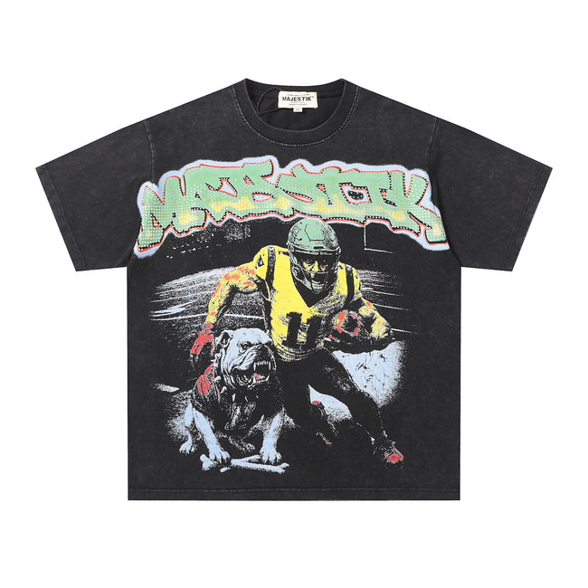 MAJESTIK Football Player Graphic T-Shirt Unisex Washed Black Y2K Sports Gothic Oversized Streetwear Short Sleeve Top Main Image