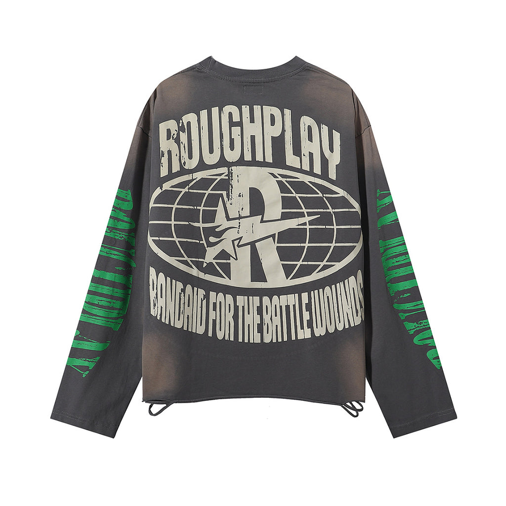 ROUGHPLAY Distressed Flame Oval Logo Graphic Long Sleeve Shirt Unisex Vintage Oversized Streetwear Crewneck Top