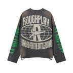 ROUGHPLAY Distressed Flame Oval Logo Graphic Long Sleeve Shirt Unisex Vintage Oversized Streetwear Crewneck Top
