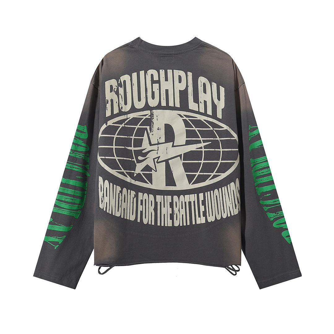 ROUGHPLAY Distressed Flame Oval Logo Graphic Long Sleeve Shirt Unisex Vintage Oversized Streetwear Crewneck Top
