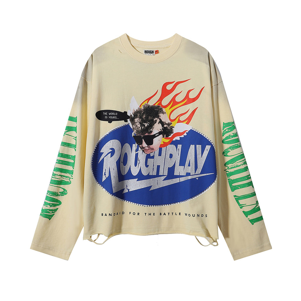 ROUGHPLAY Distressed Flame Oval Logo Graphic Long Sleeve Shirt Unisex Vintage Oversized Streetwear Crewneck Top