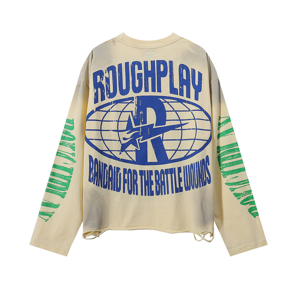 ROUGHPLAY Distressed Flame Oval Logo Graphic Long Sleeve Shirt Unisex Vintage Oversized Streetwear Crewneck Top