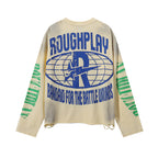 ROUGHPLAY Distressed Flame Oval Logo Graphic Long Sleeve Shirt Unisex Vintage Oversized Streetwear Crewneck Top