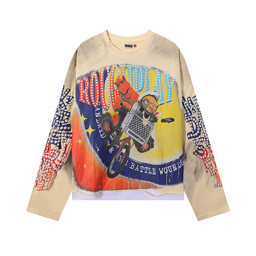 ROUGHPLAY Distressed Motocross Graphic Long Sleeve Shirt Unisex Vintage Oversized Streetwear Crewneck Top Main Image