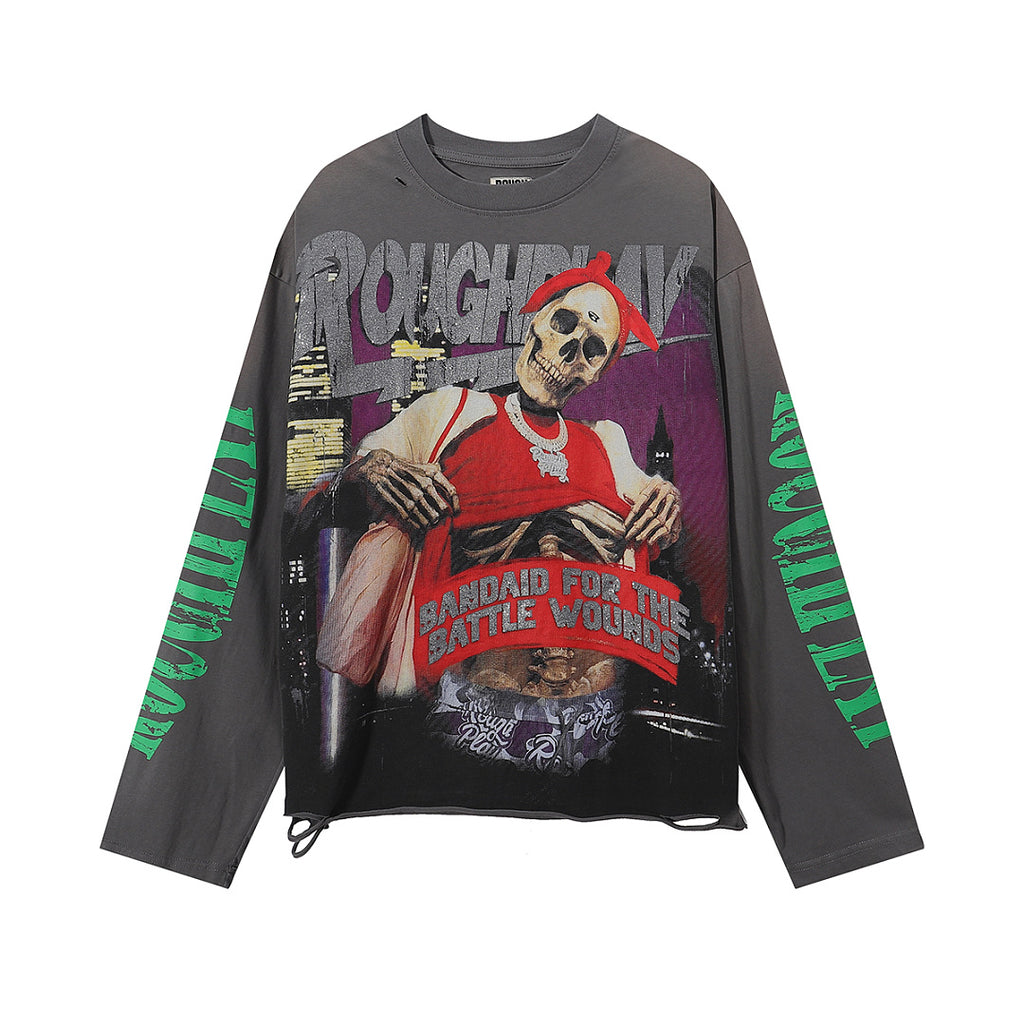 ROUGHPLAY Distressed Skeleton Graphic Long Sleeve Shirt Unisex Vintage Wash Oversized Streetwear Crewneck Top