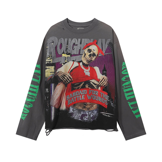 ROUGHPLAY Distressed Skeleton Graphic Long Sleeve Shirt Unisex Vintage Wash Oversized Streetwear Crewneck Top Main Image