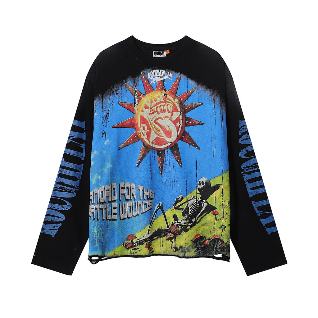 ROUGHPLAY Distressed Sun Graphic Long Sleeve Shirt Unisex Vintage Oversized Streetwear Crewneck Top
