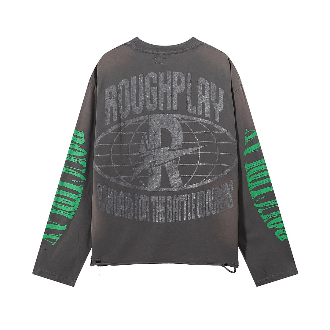 ROUGHPLAY Distressed Skeleton Graphic Long Sleeve Shirt Unisex Vintage Wash Oversized Streetwear Crewneck Top
