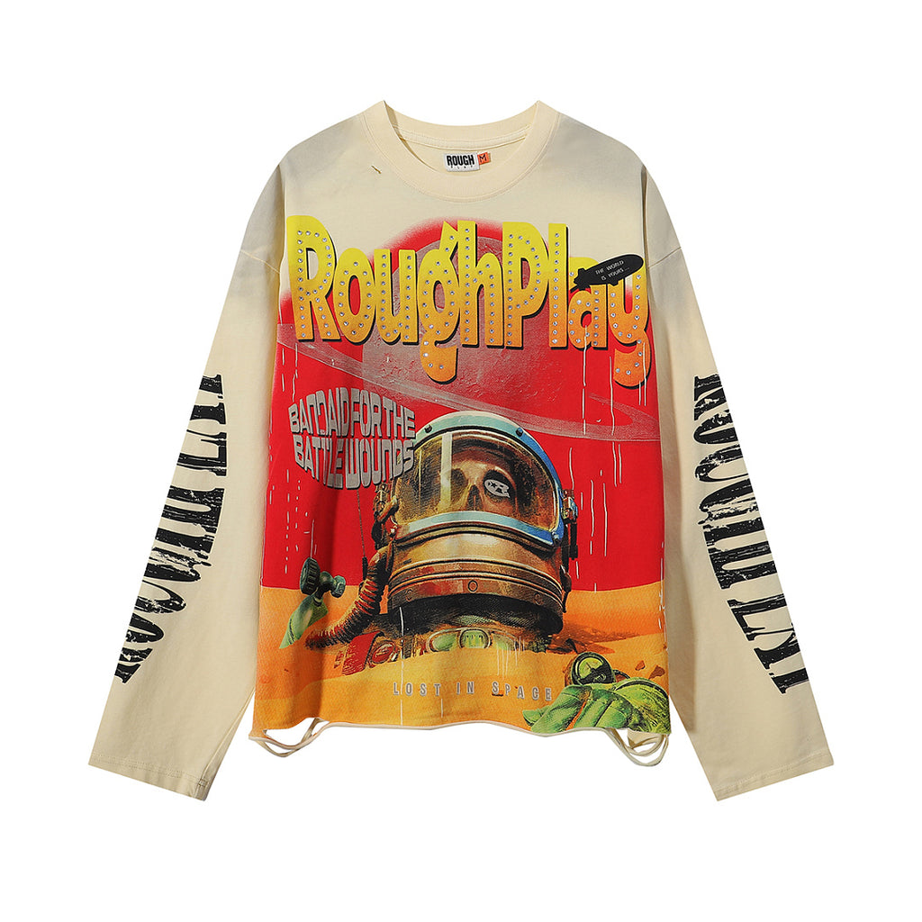 ROUGHPLAY Distressed Cyber Helmet Graphic Long Sleeve Shirt Unisex Vintage Cream Oversized Streetwear Crewneck Top