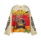 ROUGHPLAY Distressed Cyber Helmet Graphic Long Sleeve Shirt Unisex Vintage Cream Oversized Streetwear Crewneck Top