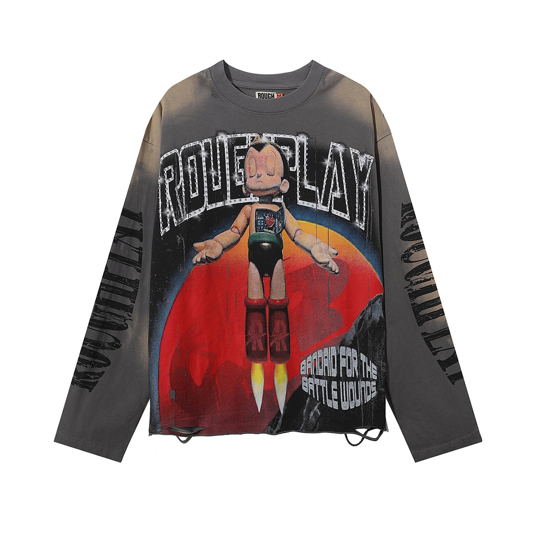 ROUGHPLAY Distressed Anime Graphic Long Sleeve Shirt Unisex Mud Wash Vintage Oversized Streetwear Crewneck Top