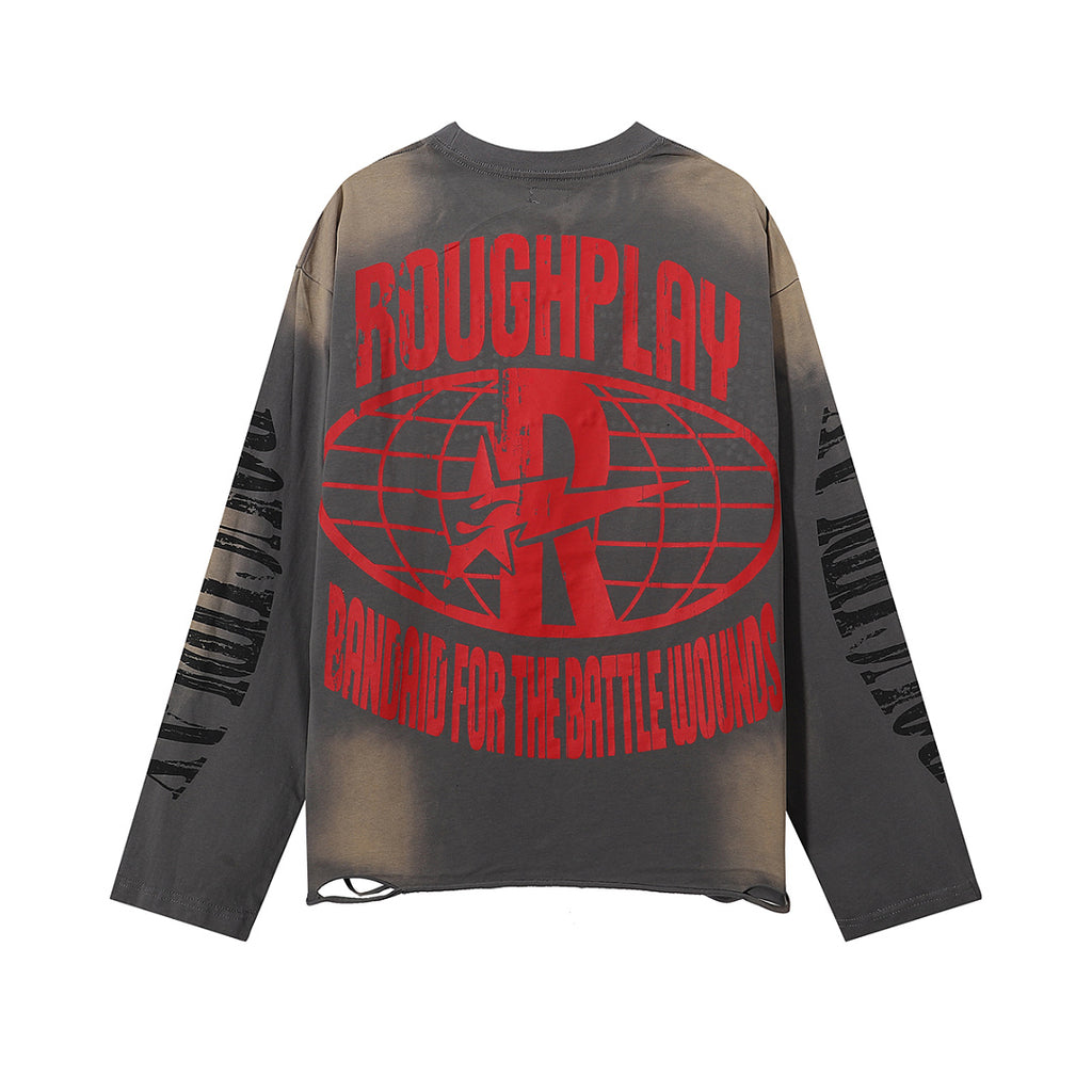 ROUGHPLAY Distressed Anime Graphic Long Sleeve Shirt Unisex Mud Wash Vintage Oversized Streetwear Crewneck Top