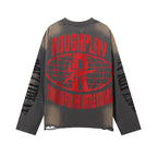 ROUGHPLAY Distressed Anime Graphic Long Sleeve Shirt Unisex Mud Wash Vintage Oversized Streetwear Crewneck Top