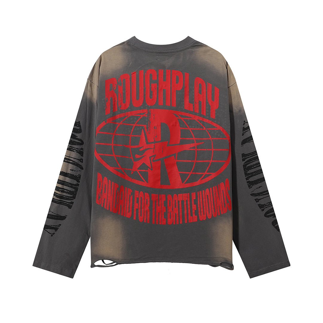 ROUGHPLAY Distressed Anime Graphic Long Sleeve Shirt Unisex Mud Wash Vintage Oversized Streetwear Crewneck Top