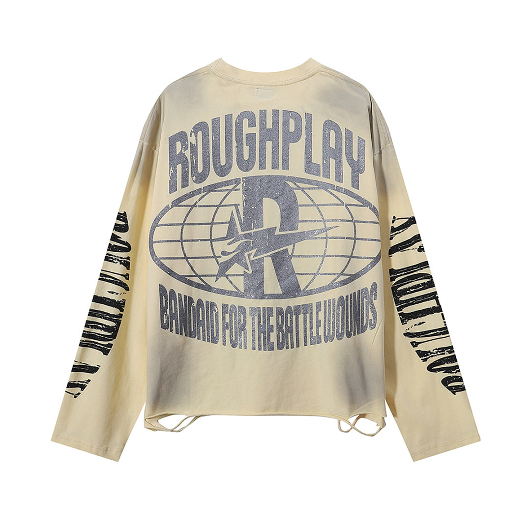 ROUGHPLAY Distressed Cyber Helmet Graphic Long Sleeve Shirt Unisex Vintage Cream Oversized Streetwear Crewneck Top