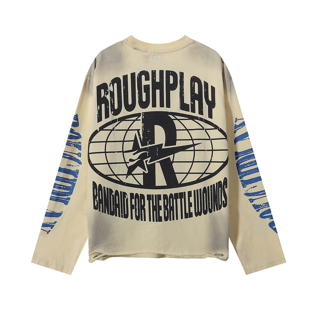 ROUGHPLAY Distressed Sun Graphic Long Sleeve Shirt Unisex Vintage Oversized Streetwear Crewneck Top