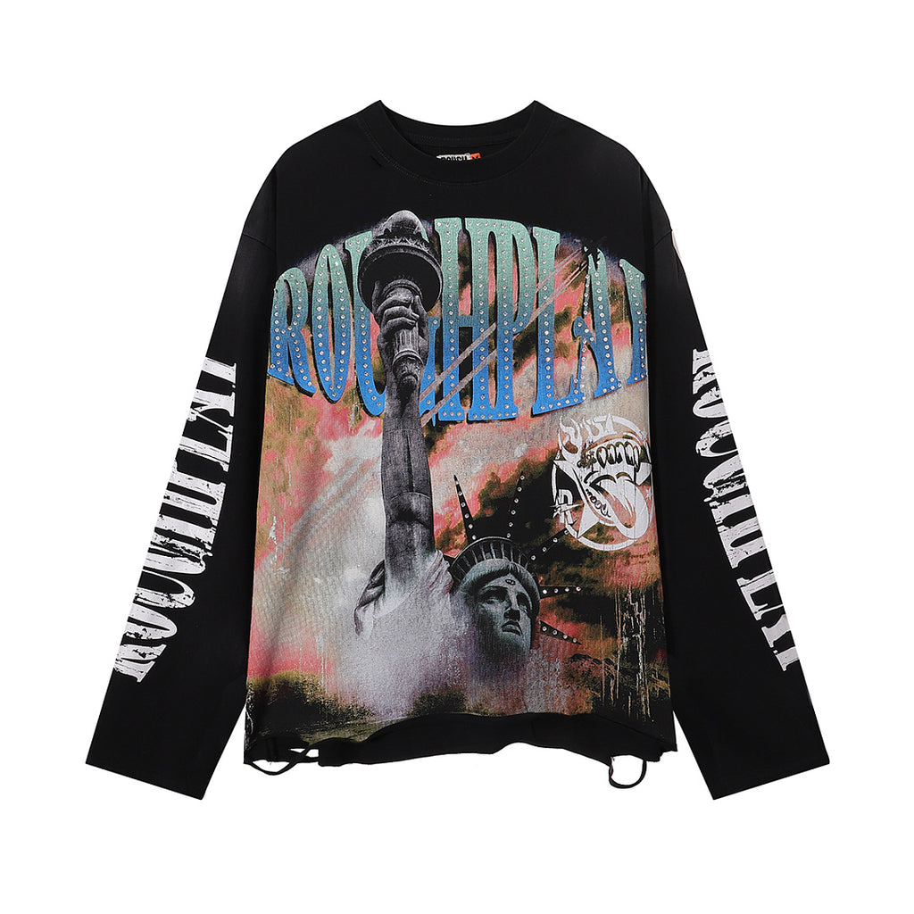 ROUGHPLAY Distressed Statue of Liberty Graphic Long Sleeve Shirt Unisex Vintage Oversized Streetwear Crewneck Top