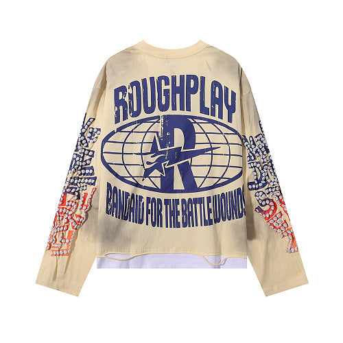 ROUGHPLAY Distressed Motocross Graphic Long Sleeve Shirt Unisex Vintage Oversized Streetwear Crewneck Top
