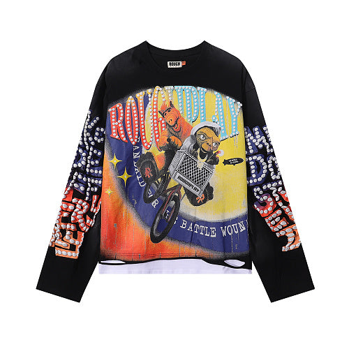 ROUGHPLAY Distressed Motocross Graphic Long Sleeve Shirt Unisex Vintage Oversized Streetwear Crewneck Top