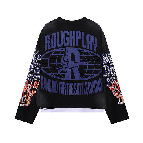 ROUGHPLAY Distressed Motocross Graphic Long Sleeve Shirt Unisex Vintage Oversized Streetwear Crewneck Top