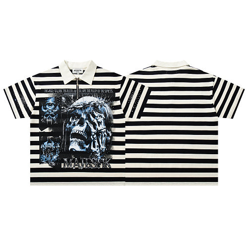 ROUGHPLAY Dark Gothic Skull Graphic Striped Quarter-Zip Polo Shirt Unisex Black White Striped Oversized Streetwear Short Sleeve Top Hover Image
